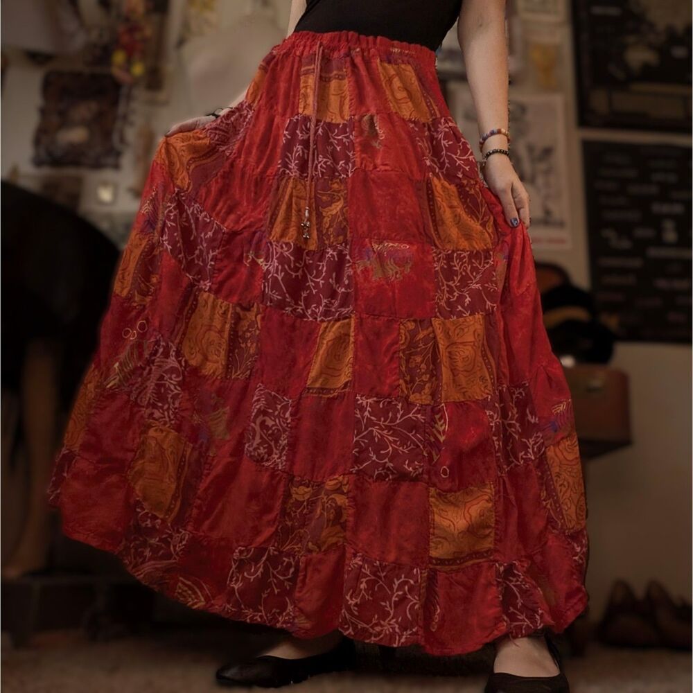 Vintage Patchwork Full Maxi Skirt Women's Plus One Size Orange